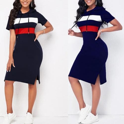 2021 European and American womens new color blocking stripe leisure sports hooded T-Shirt Medium Length Dress