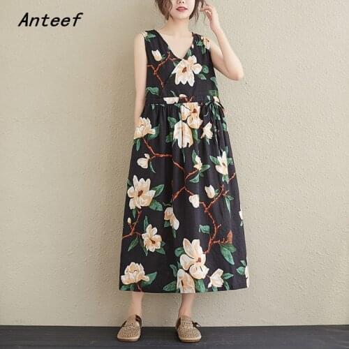 Cotton linen plus size vintage floral women casual loose long summer dress elegant clothes 2021 ladies dresses