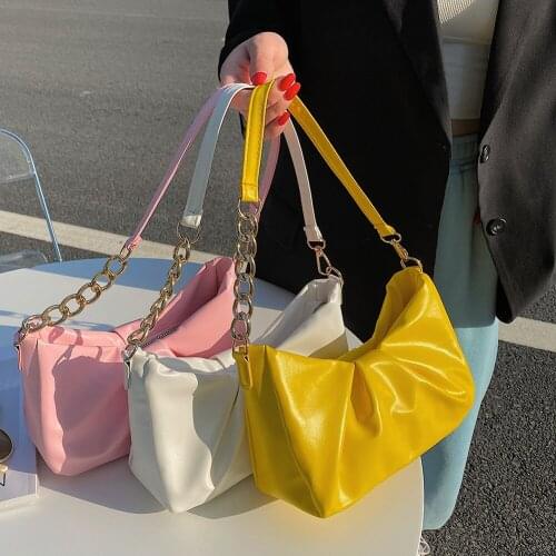 PU Leather Casual Pleated Shoulder Baguette Bag for Women 2021 New Solid Color Korean Fashion Underarm Bags Pouch Ladies Handbag
