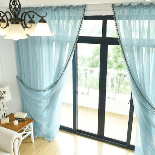 Customized Sheer Curtains Solid Color White/blue Tulle Curtain with Beads Modern Living Room Curtain Voile Curtain for Bedroom
