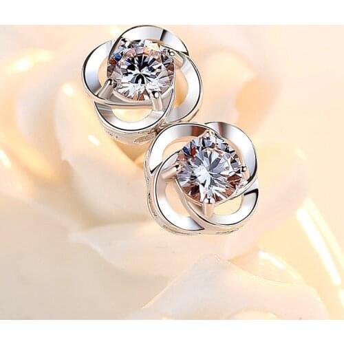Luxury Female Small Flower Stud Earrings Real 925 Sterling Silver Wedding Jewelry Double Crystal Zircon Earrings For Women