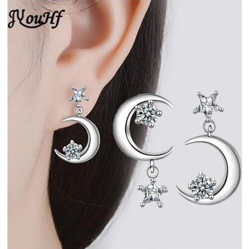 JYouHF Classic Lovely Crescent Moon Star Stud Earrings Jewelry for Women Girls Fashion Asymmetric Cubic Zircon Earring Female