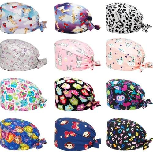 Scrub Hats 100% Cotton Anime Printing Tie Back Adjustable Nursing Cap Accessories Beauty Salon Pet Shop Home Workers Scrubs Caps