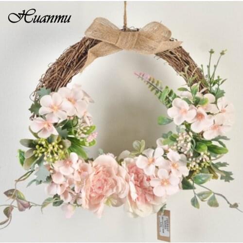 Wedding Decoration 33*27cm Rattan Wreath Rose Hydrangea Camellia Hoop Wreath Decor Floral Hoop Xmas Decor for Home Hanging Art