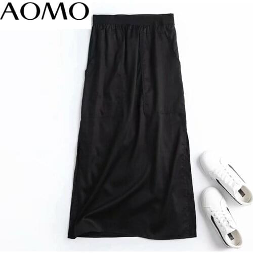 AOMO Women Black Long Cotton Skirt High Quality Pocket Vintage Strethy Waist Office Ladies Elegant Chic Skirts 4C79A
