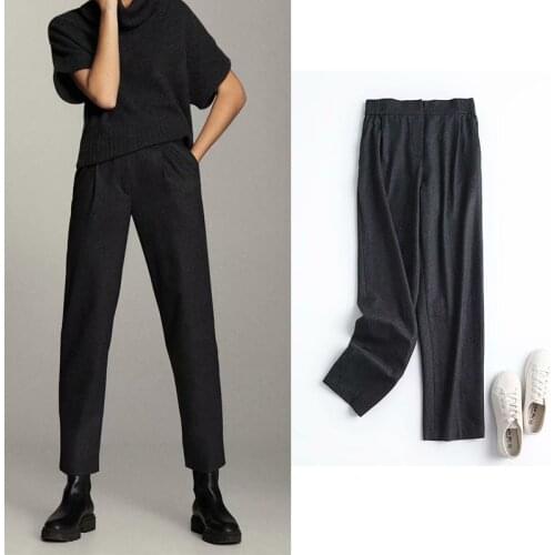 Women Pants Za Fashion 2021 Office Lady Woolen Straight Chic Black Pants Elastic High Waist Trousers Mujer England Style Panta