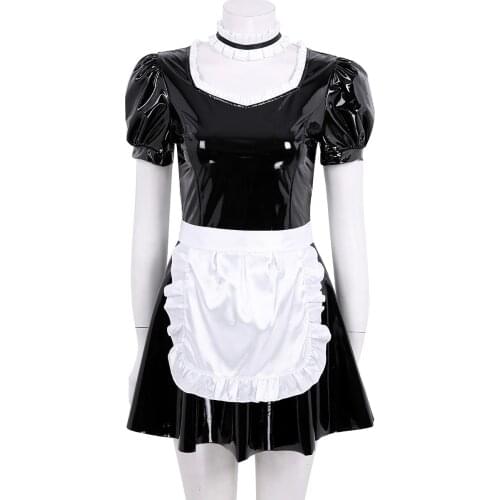 Women Adults French Maid Cosplay Costume Outfit Puff Sleeve A-line Patent Leather Dress Apron Choker Sexy Cute Sweet 3Pcs Set