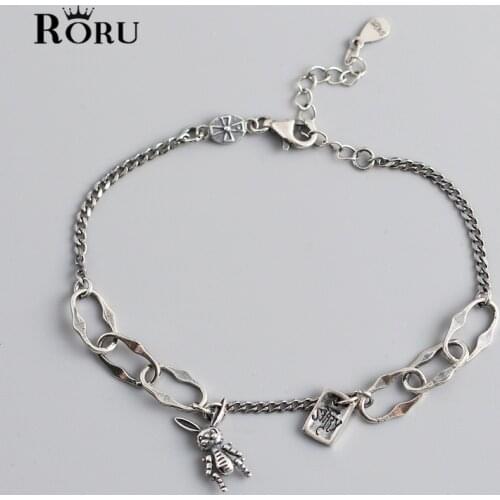 Retro S925 Sterling Silver Rabbit Cute Animal & English Letter Asymmetrical Female Bracelet Party Engagement Trendy Jewelry