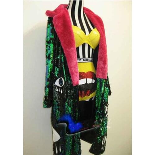 Ladies Cool Sequined Long Trench Coat Night Club Bar Female DJ Rapper Singer Dance Wear Fur Collar Oversize Green Queen Outwear