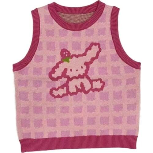 Pink Strawberry and Dog Embroidery Women Sweater Vest 2021 Sleeveless Winter Knit Pullover Sweet Style Ladies Soft Warm Tops