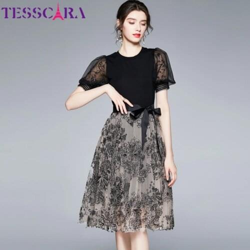 TESSCARA Women Summer Luxury Sequin Dress Festa High Quality Elegant Mesh Party Robe Femme Vintage Designer Black Vestidos