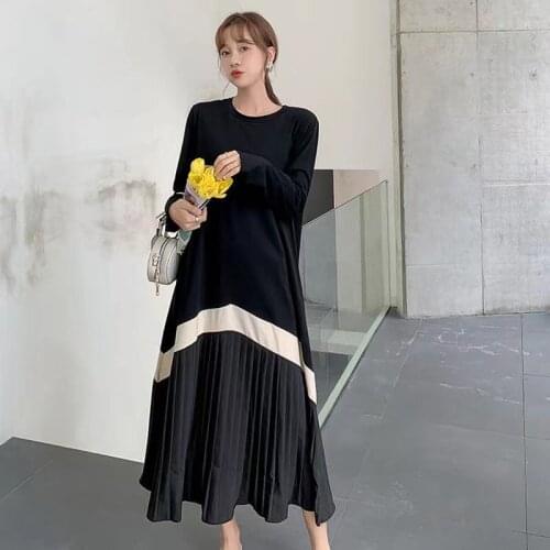 Autumn New Ladies Dress Simple Loose Large Size Round Neck Temperament Short Sleeve Women Pleated Skirt Clothing WE383