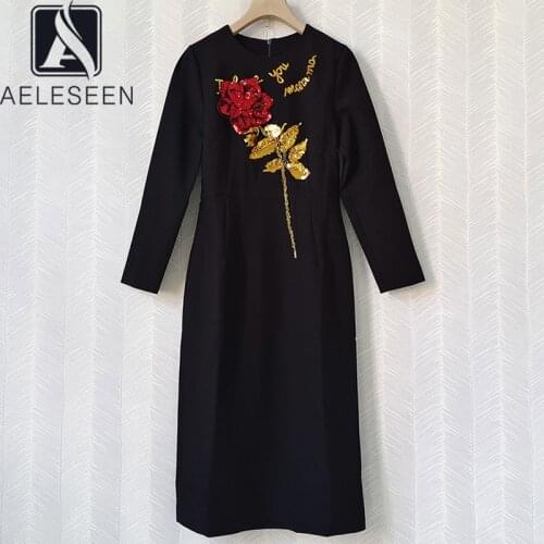 AELESEEN Office Ladies Spring Autumn Dress Long Sleeve Rose Flower Embroidery 3D Appliques Letters Sequined Long Elegant Dress