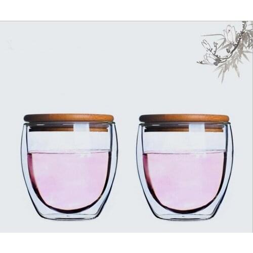PINDEFANG 2pcs 260ml Double Wall Glass Coffee Cup With Bamboo Lid Daily Drinkware Juice Mug Personal Water Tea Cup Hotsale
