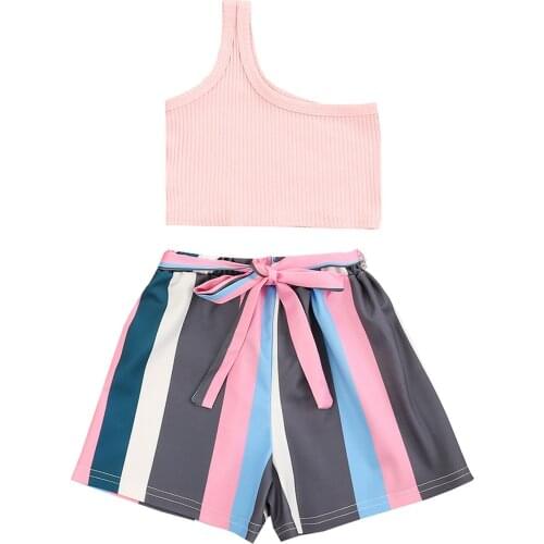 2021 2-6Y Summer Fashion Girl Clothing Solid Color One-shoulder Suspender Tops Vest+Bow Stripe Short Pants Kids 2pcs Set