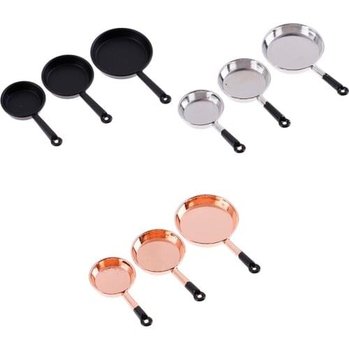 3pcs/set 1/12 Scale Vintage Dollhouse Miniature Metal Frypan Frying Pans Cooking Pot Cookware Kitchen Accessory High Quality