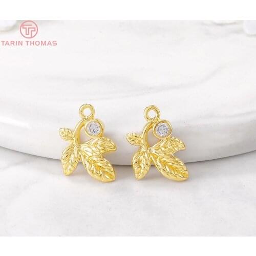 6PCS 8x14MM Hole 1MM 24K Gold Color Plated Brass with Zircon Leaf Leaves Charms Pendants High Quality Diy Jewelry Accessories