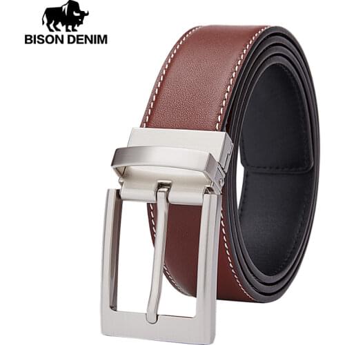 BISON DENIM Natural Leather Belt Mens Hard Metal Matte Buckle Mens Original Genuine Leather Belt Jeans Belt Accessories