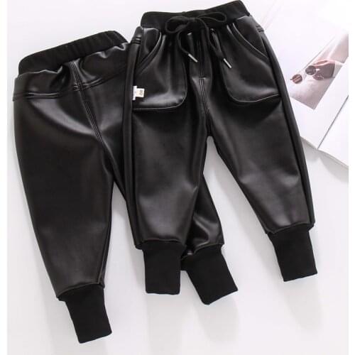 Winter Faux Leather Cargo Pants Childrens Pants Warm Boys Trousers Thicken Casual Cargo Pants Girls Clothing 2 4 6 8 Years