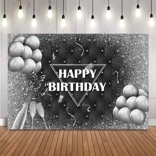 Sliver glitter Birthday Backdrop Sliver Balloons Birthday Party Decoration Champagne Happy Birthday Background adult theme party