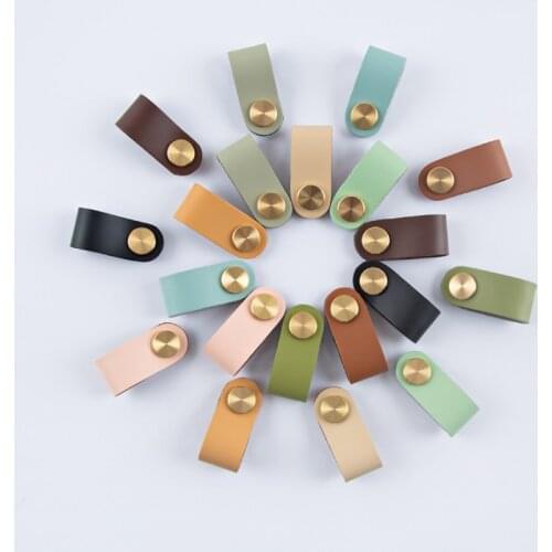 Nordic Style Furniture Leather Pull Handle Drawer Knob Brass Wardrobe Cupboard Cabinet Handle Door Pulls Decorative Hardware