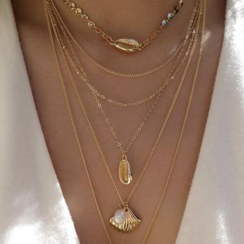 6 Pcs/Set Fashion Women Necklace Round Shell Shell Scallop Pearl Pendant Multi-layer Gold Necklace Girl Beach Jewelry