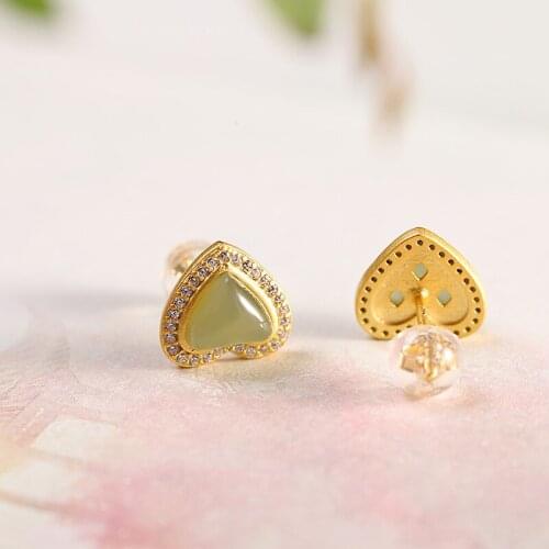 Fashion Small Fresh Ear Stud S925 Silver Gold-Plated Womens Heart-Shaped Hetian Gray Jade Ear Stud