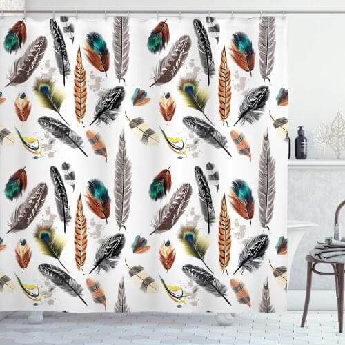 Feathers Shower Curtain Set Bohemian Themed Bird Plumage Art Curtain for Bathroom Decor 12 Hooks Decorative Bath Accessory