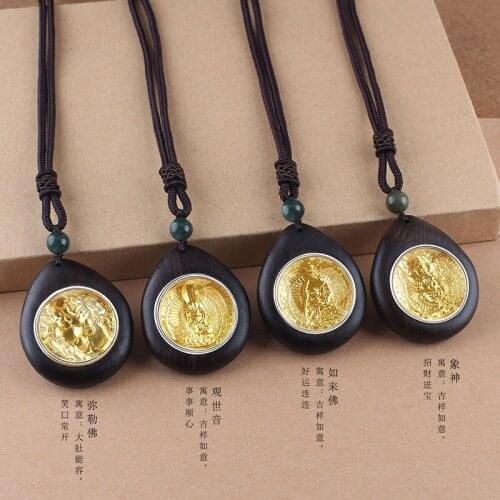 National Style Buddha Pendant Necklace Rotatable Ebony Long Sweater Chain Jewelry Sandalwood Pendant