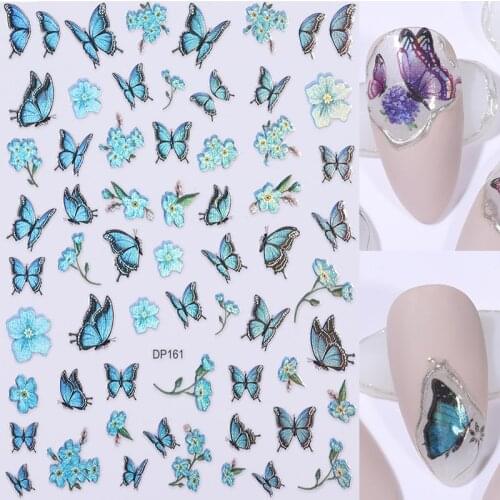 Spring Flowers 3D Blue Butterfly Nail Art Stickers Adhesive Sliders Gold Silver Butterfly Nail Transfer Decals Foils Wraps Nail