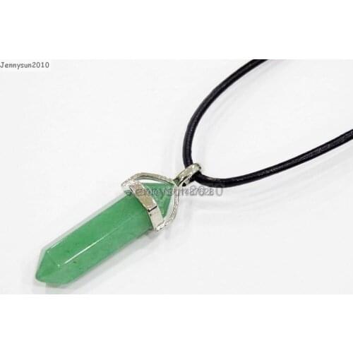 Natural Green Aventurine Gems Stones Hexagonal Pointed Healing Reiki Chakra Pendant Black Leather Cord Necklace 18'' 5 Sets/Pack