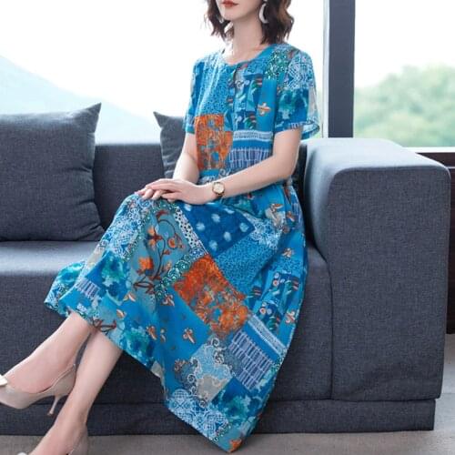 Summer Casual Loose Print Cotton Linen Dress 2021 Women Blue Vintage 2XL Plus Size Elegant Midi Sundress Bodycon Party Vestidos