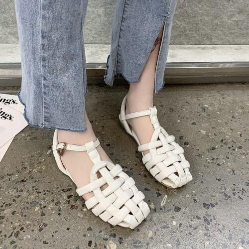 New Womens Flat Bottom Woven Shoes Baotou Sandals In 2021 Roman Fairy Fashion Sandals Summer Shoes
