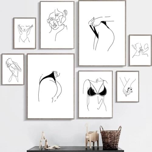 Sexy Female Body Line Print Abstract Hands Kiss Canvas Painting Figure Drawing Poster Minimalist Wall Art Pictures Home Decor