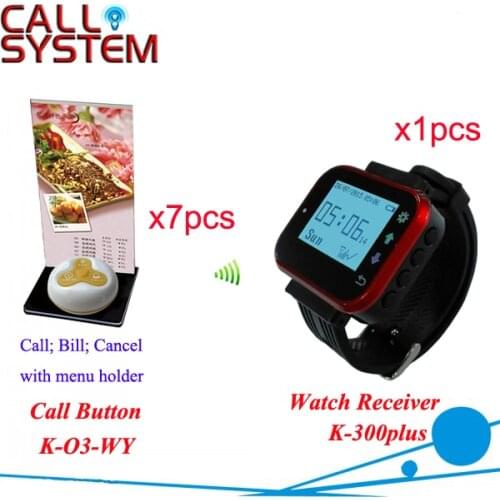 Waiter Pager Calling System K-300+O3-Y+H for restaurant with 7pcs call button and 1pcs watch receiver