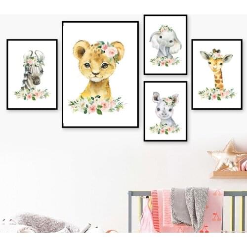 Elephant Zebra Giraffe Lion Monkey Flower Wall Art Canvas Painting Nordic Posters And Prints Wall Pictures Baby Kids Room Decor