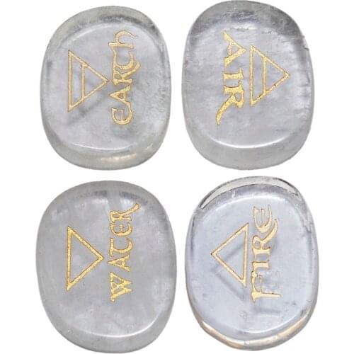 TUMBEELLUWA 1Set (4Pc) Natural Rock Quartz Palm Stone Engraved Element Symbols Healing Crystal Reiki Air Water Fire Earth