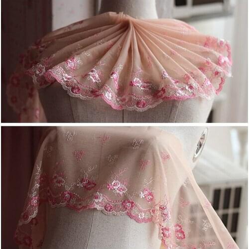 2yards/lot 18cm wide Embroidered Tulle Lace trim mesh lace trim~Deep color of skin + pink + white ~lovely