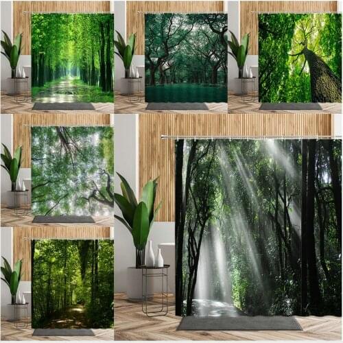 Spring Beautiful Forest Scenery Shower Curtain Bathroom Accessories Bathtub Screen Polyester Waterproof Bath Curtains With Hook