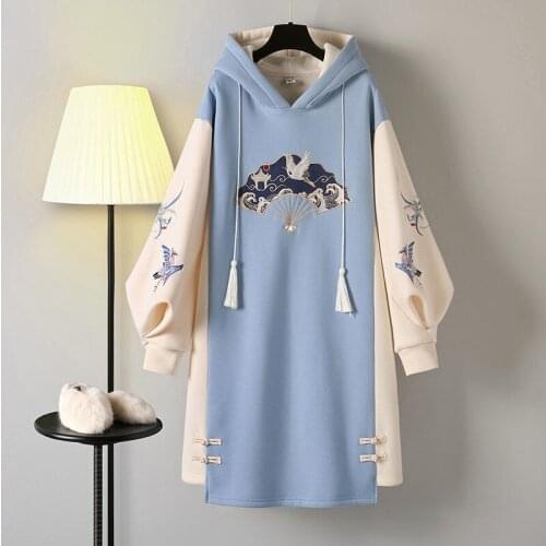 Vintage Women Embroidery Hoodie Oversized 4XL Hoodies Chinese Style Jacket Clothes Autumn Winter Ladies Long Qipao Dress Coat