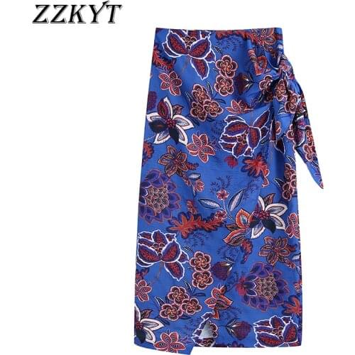 ZZKYT 2021 Women Summer Fashion Floral Print Split Midi Skirt Vintage Bow Tie Button Office Ladies Casual Faldas Vestidos Mujer