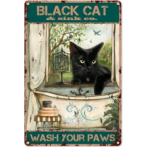 Fun Bathroom Metal Tin Sign Black Cat Wash Your Paw Poster Bathroom Home Bar Club Restaurant Wall Decoration 8x12 Inches Gift