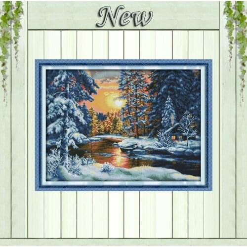 Sunset snow forest river decor painting counted printed on canvas DMC 14CT 11CT DIY Cross Stitch Embroidery kits Needlework Sets