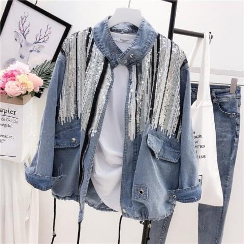 Sequins Denim Jacket Women Bomber Jacket Fashion Long Sleeves Coats Vintage Hippie Jeans Jacket Colete Feminino