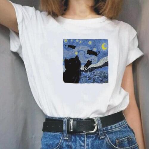 Summer Short Sleeve Tee Shirt Femme Fashion Van Gogh Starry Night Cat In The Print T Shirt Women Tops Casual Harajuku T-shirt