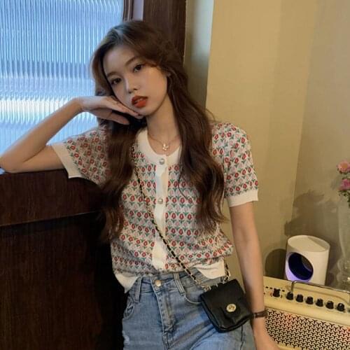 Women 2021 Summer O Neck Short Sleeve Shirt Female Knitted Y Cropped Tops Ladies Vintage Floral Casual Slim Basic T Shirts T126