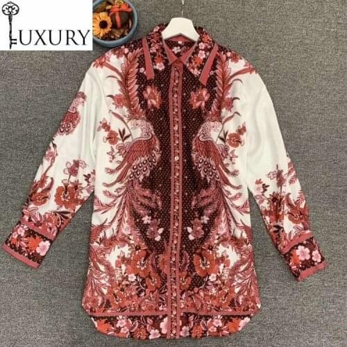 Shirts 2020 Autumn Fashion High Quality Women Turn-down Collar Phonix Print Long Sleeve Casual Blouses Ladies Vintage Tops Shirt