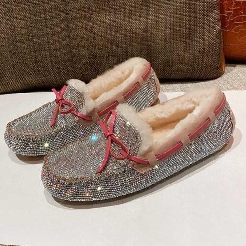 Womens Rhinestones Crystal Bowtie Flats Loafers Warm Winter Fur Liner Thick Shoes Girls New 2022