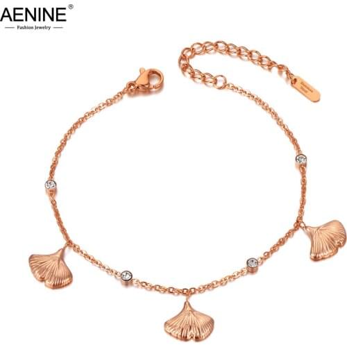 AENINE Trendy Stainless Steel Leaves Charm Bracelets Bangle For Women Bohemia CZ Crystal Chain & Link Beach Bracelet AB20038