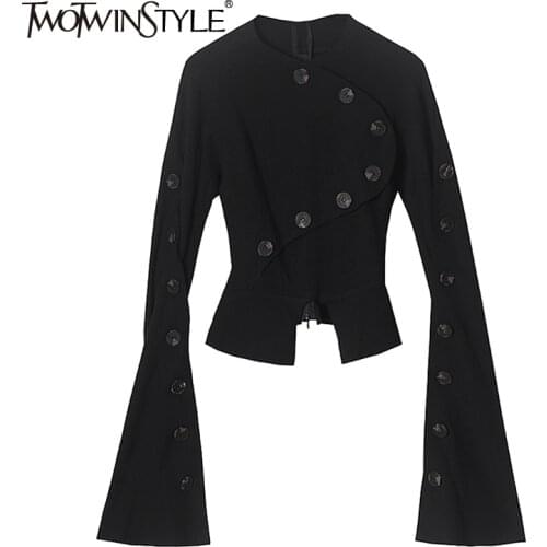 TWOTWINSTYLE Black Slim Patchwork Button Irregular Womens Sweater Round Neck Long Sleeve Korean Fashion Cardigan For Women 2021